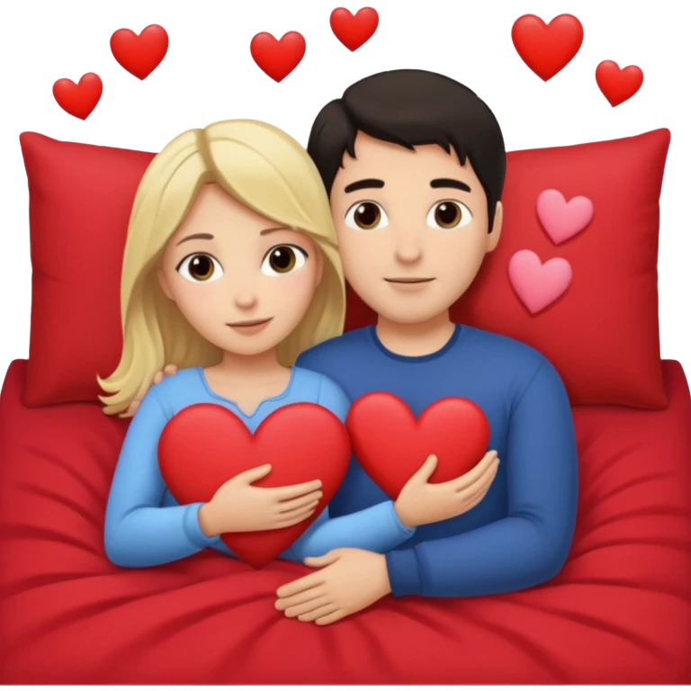 two people cuddling in bed. man has dark hair. woman is blonde. hearts surrounding them. emoji