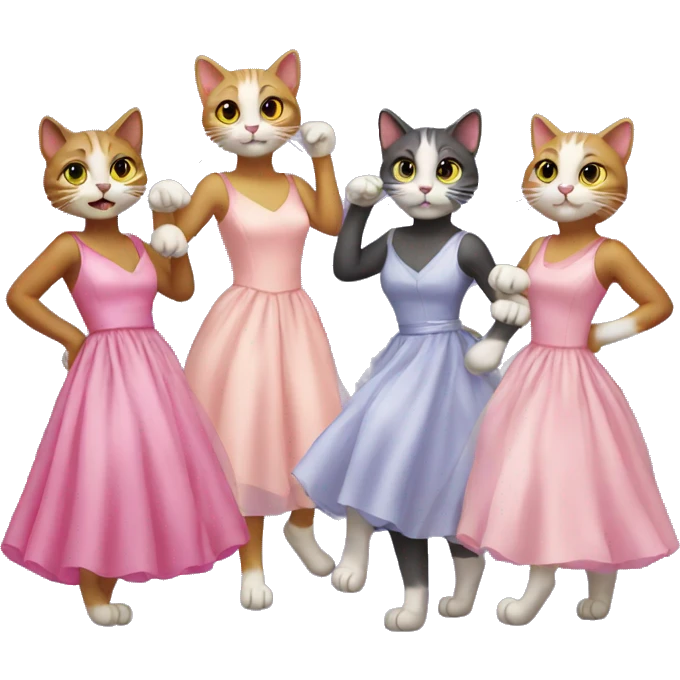 five cats in party dresses dancing emoji