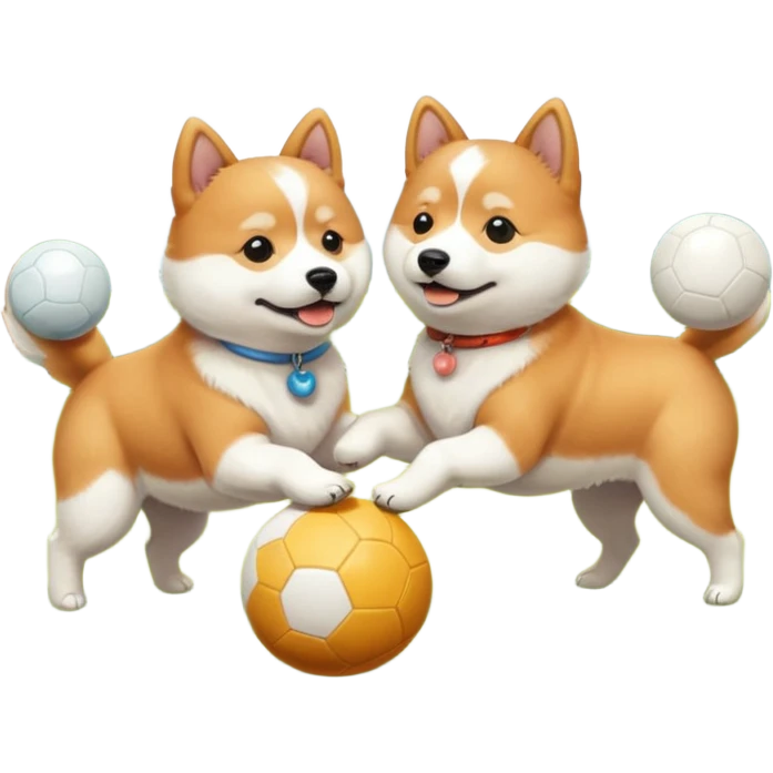 2 dogs, one ginger shiba inu and one white coton de tulear, playing with a ball in a sunny garden emoji