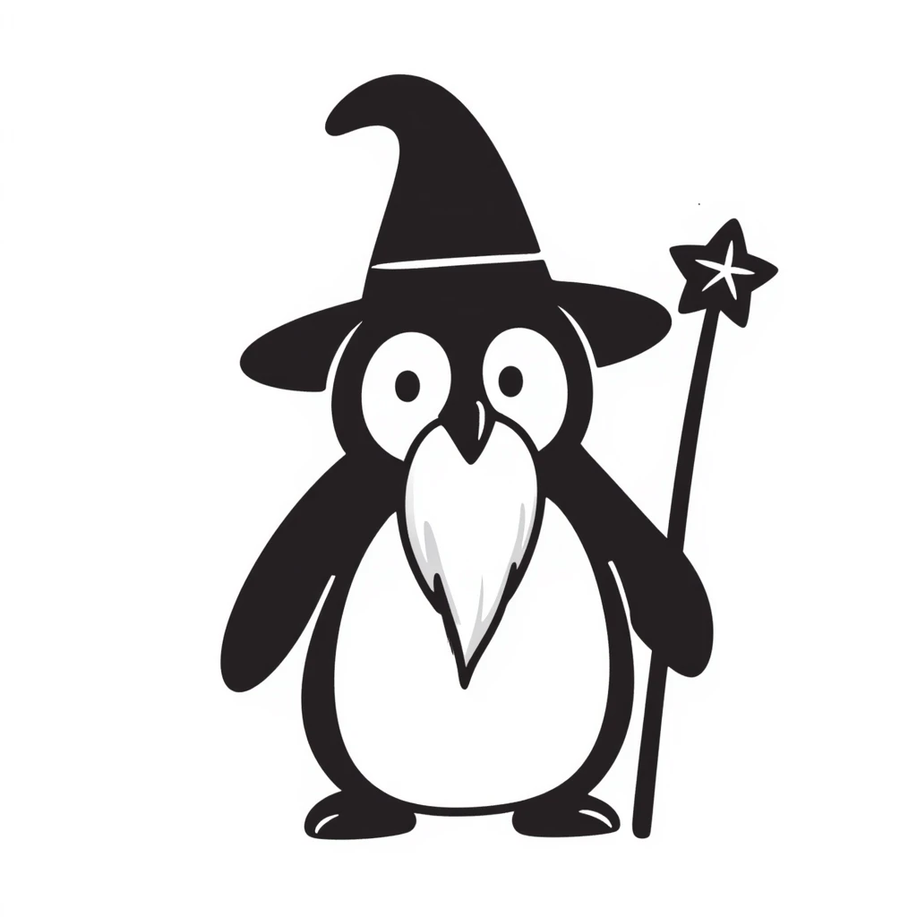 A penguin wizard with a long white beard, tall wizard hat, and magic staff emoji