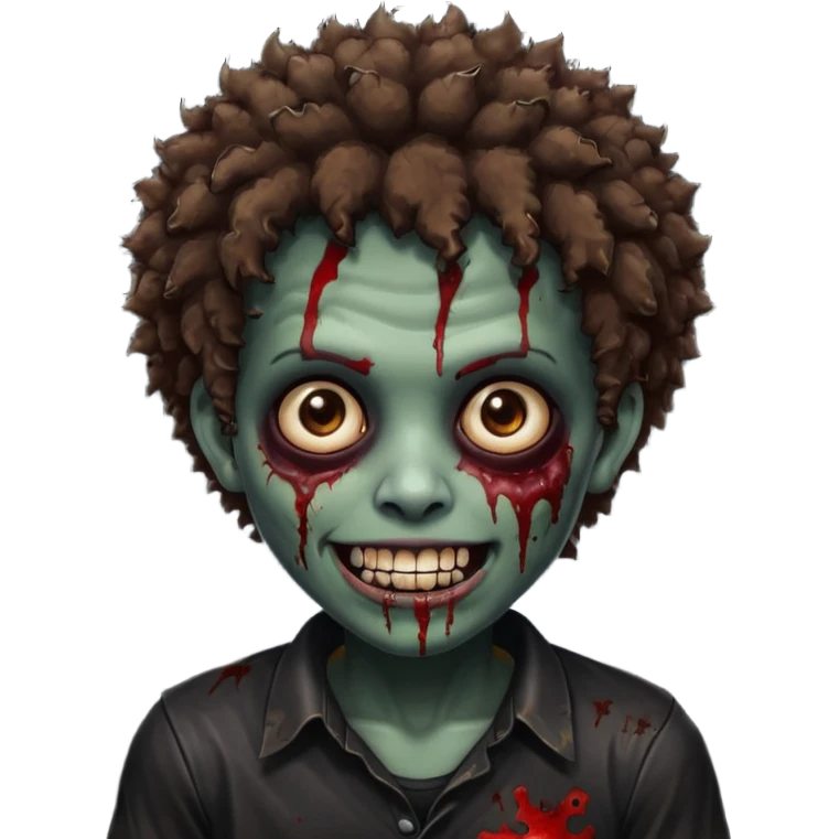 zombie with brown skin, short messy afro hair, wide centered brown eyes, dark bloody marks under the eyes, and a smile showing shiny metal teeth,black shirt, giving a distressed, undead look. emoji