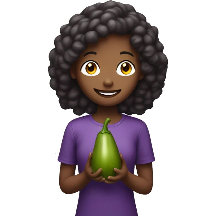A girl, smiling with a eggplant in her hand emoji