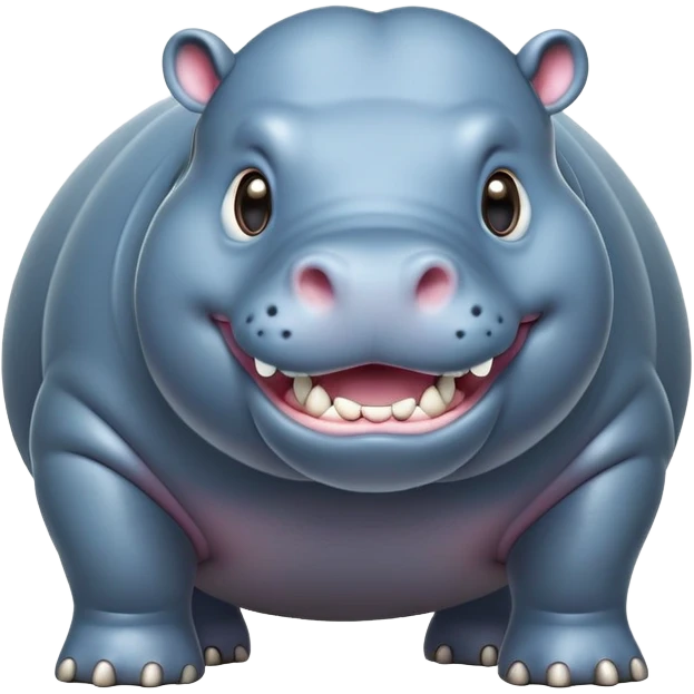 cinematic-hippo-realistic-full-body-side-view-standing-on-all-fours-emoji,-massive-round-frame,-wide-mouthed-grin-exposing-huge-teeth,-head-tilted-dramatically,-thick-greyish blue-hide-glossy, big cute eyes emoji