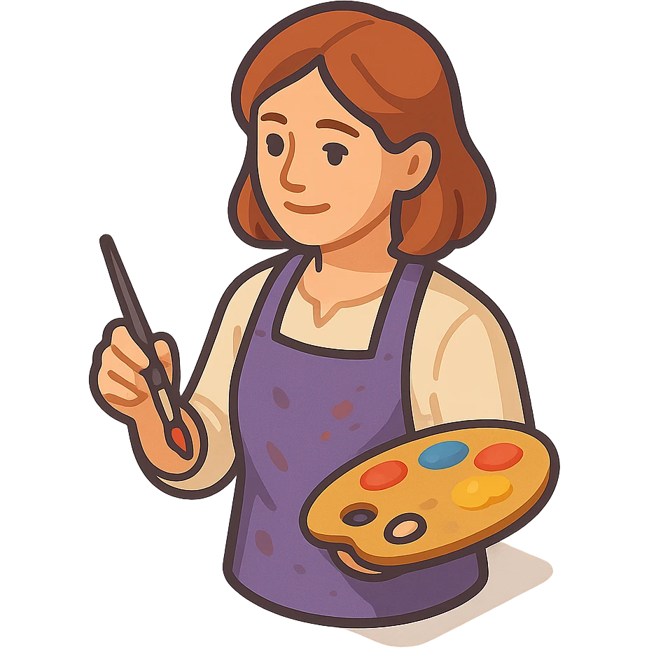 Serene female oil painter, Caucasian features, shoulder-length auburn hair, soft brown eyes, gentle smile, wearing a violet painter’s apron lightly stained with paint over a beige blouse, holding a wooden palette with vibrant colors in one hand and a brush in the other, waist-up, front-facing emoji