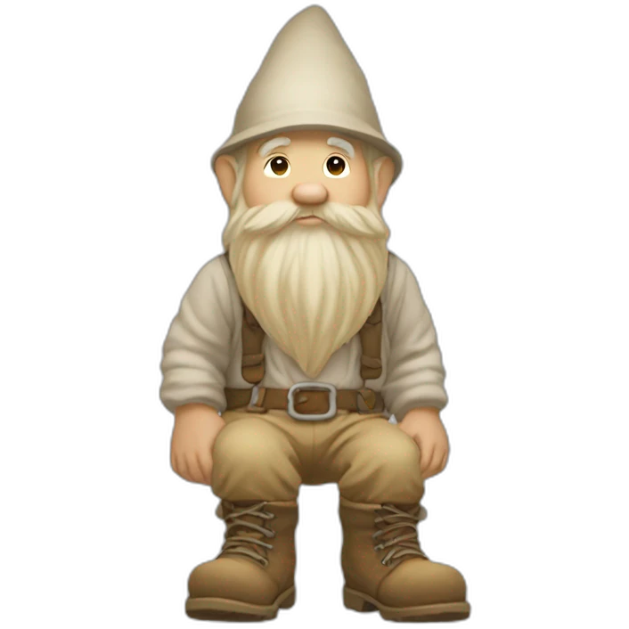 side view of gnome with light tan pants and light tan boots squatting in front of small dirt pile emoji