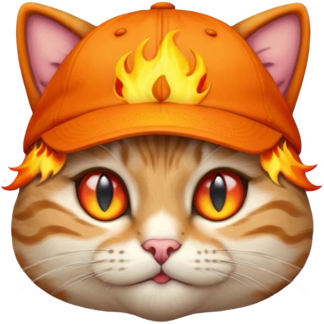 Cat with the flames in his eyes with a orange baseball hat on his head emoji