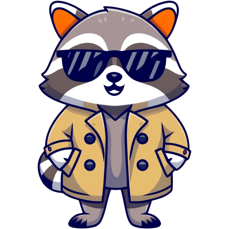 Raccoon in a trench coat and sunglasses holding a big sign saying “Don’t mind me” emoji