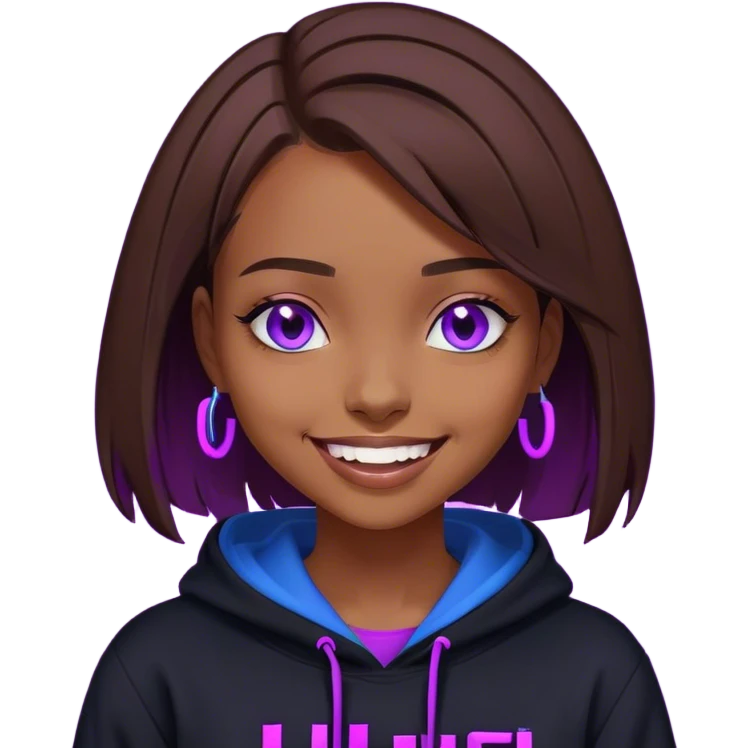 brown haired girl with a bob blue eyes wearing black hoody with violet letters "Lu", laughs. Cyberpunk style. Violet neon. emoji