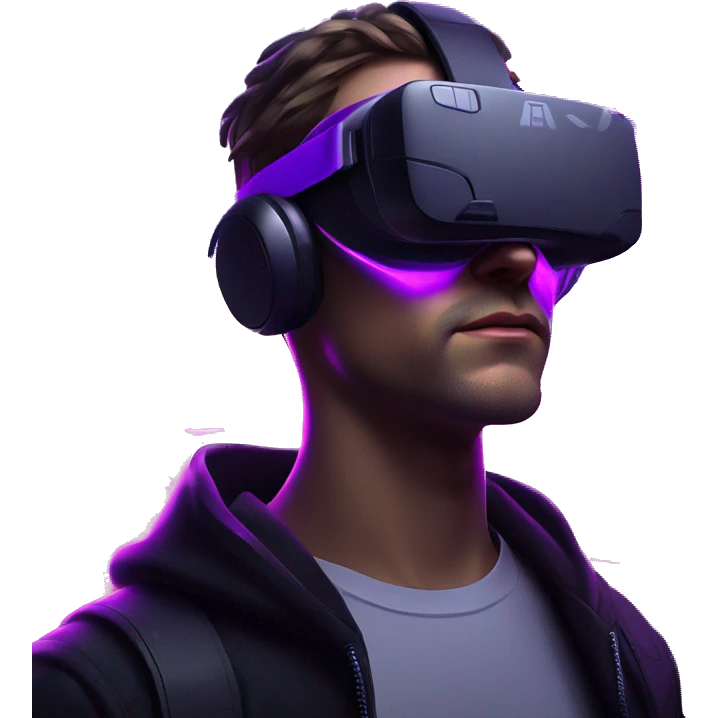 Russian man wearing a black hoodie with "OMG" letters on it and VR headset in a cyberpunk VR environment with violet neon lighting. emoji