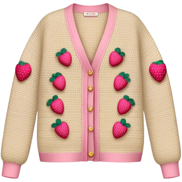 beige crocheted cardigan embroidered with small pink strawberries emoji