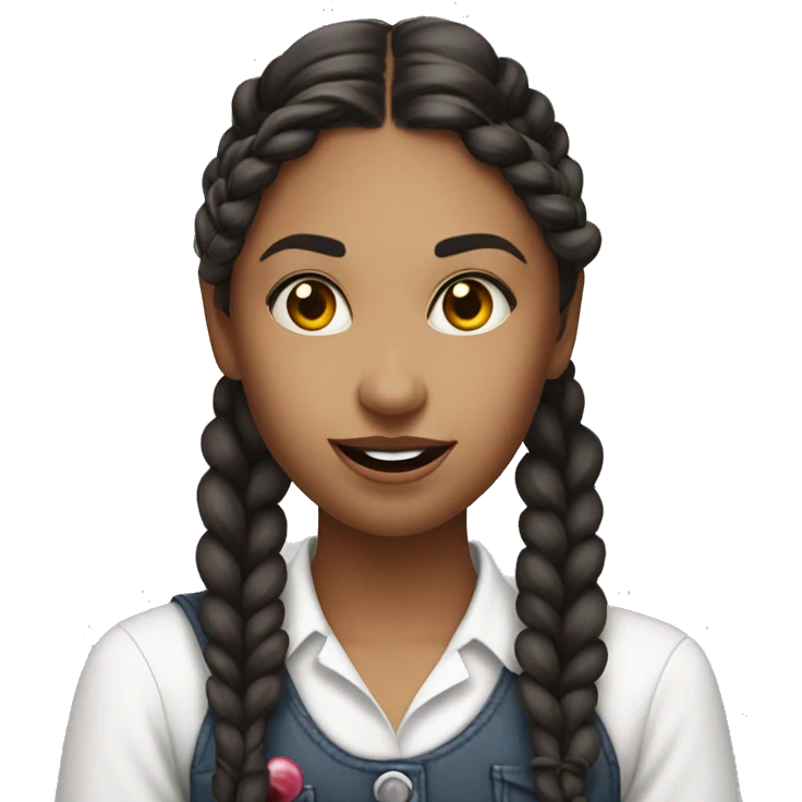 This image is a young woman. She has long, dark hair styled in two braids, one over each shoulder. A white lollipop stick is hanging out of the right side of her mouth, with the candy part out of view. She is wearing a white shirt emoji