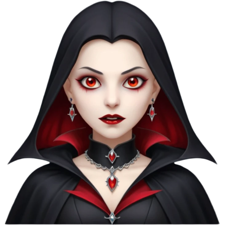 vampire village woman portrait, head and shoulders only, dark gothic cloak collar, sharp fangs, red glowing eyes, elegant yet eerie expression, subtle jewelry, 3D cartoon, mobile game icon style, clean background, no text, no watermark

 emoji