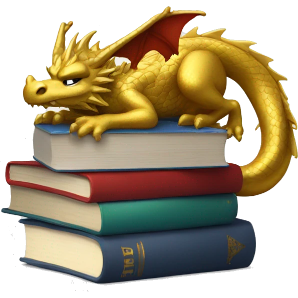 A gold dragon with a Santa hat on his head  asleep on a stack of books emoji