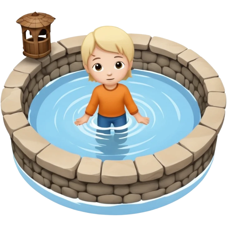 Create a clean emoji-style icon showing a small child falling into a round stone water well. The well must be clearly recognizable: circular stone rim, dark opening. Show the child mid-air, tilted downward above the well with simple motion lines. emoji