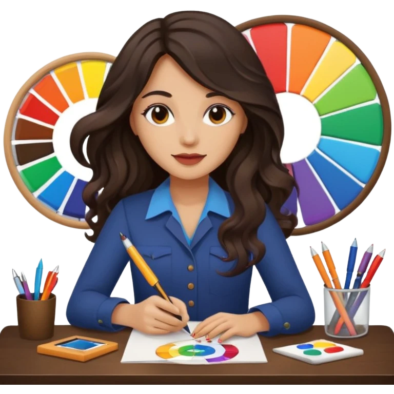 female dark wavy long hair graphic designer , holding color wheel , pens, papers, desktop emoji