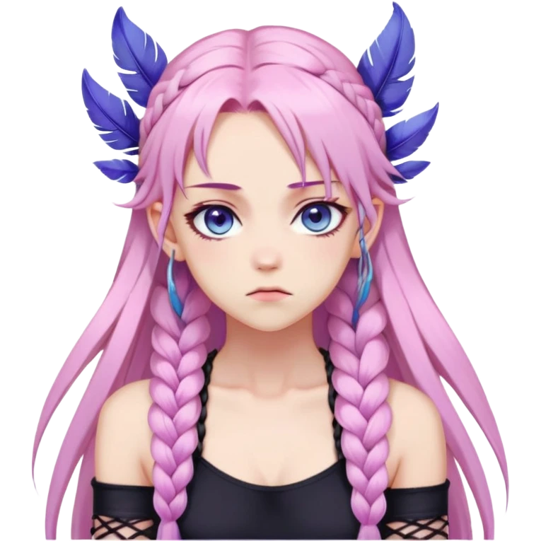 Gorgeous anime lady long-pale-pastel-pink-hair with one braid on each side, grumpy expression, purple-pink feather-ear-cuffs in hair, black bodysuit, blue eyes, pink iris, ethereal, fashion aesthetic, colorful emoji