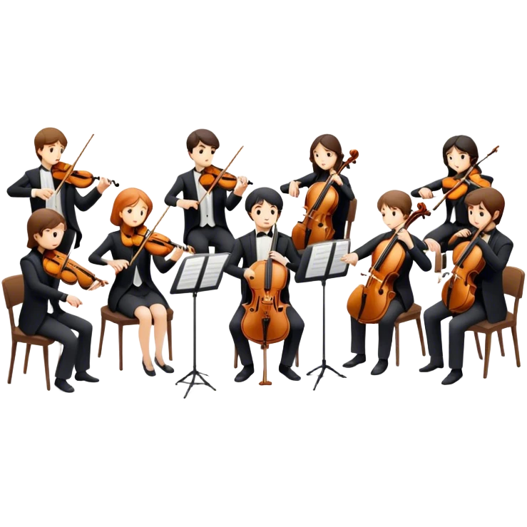 Icon for Classical Music: chamber orchestra with 4-5 musicians playing string instruments (violins, violas, cellos) and a conductor leading the ensemble. The intimate, refined atmosphere. Transparent background. emoji