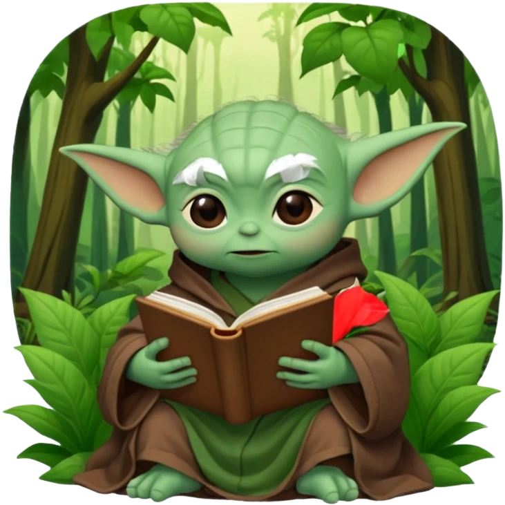 Baby Yoda con su tunica chocolate leyendo en un bosque emoji