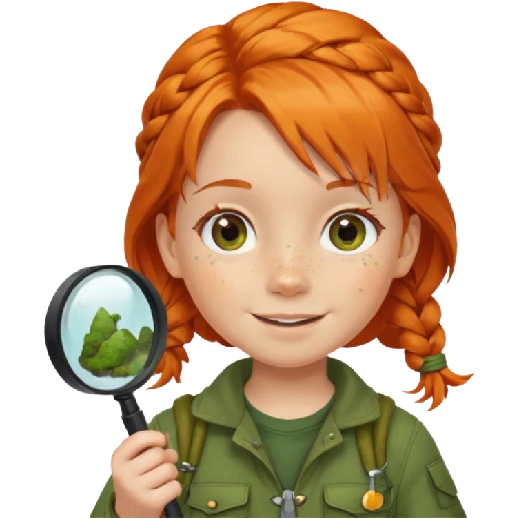 braid orange haired girl kid in moss green explorer outfit, holding magnifying glass, smile emoji