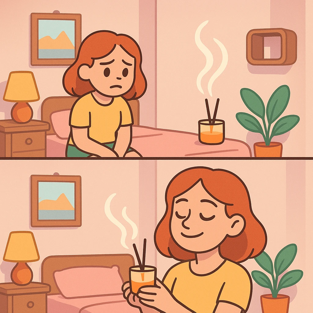 a girl in a bedroom, looking sad, then smelling a scent like from a candle or diffuser, her mood changing to relaxed, pastel toon style emoji
