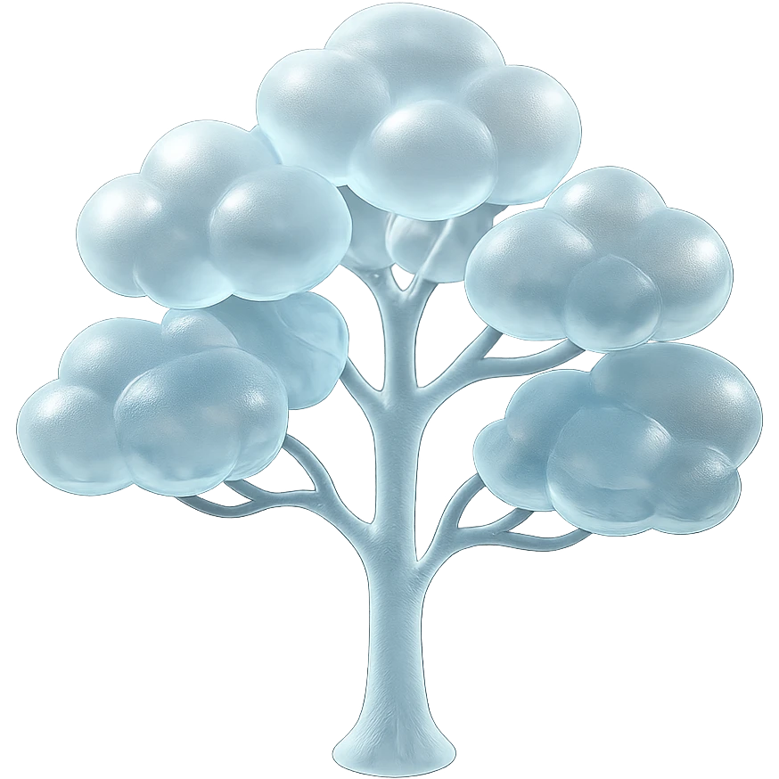 one tree with many branches and a white trunk, crown made of small very bright white fluffy convex clouds, matte glass style emoji