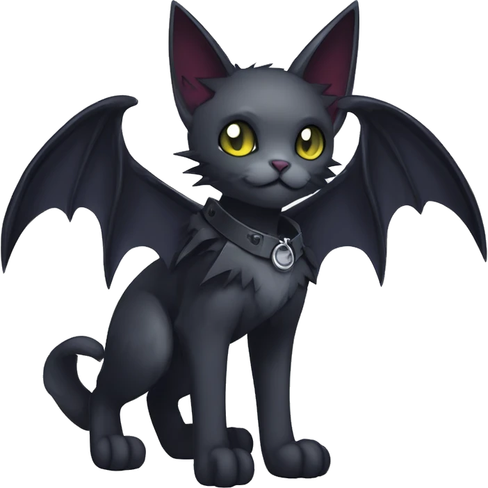   cool edgy beautiful anime-style ethereal dark-punk-themed animal vampiric cat-hybrid Fakemon with fangs and bat-wing-ears with a collar full body emoji