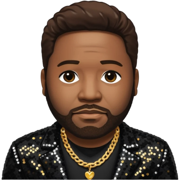 Gerald Levert with dark brown hair, black sequin jacket, black shirt with necklace emoji
