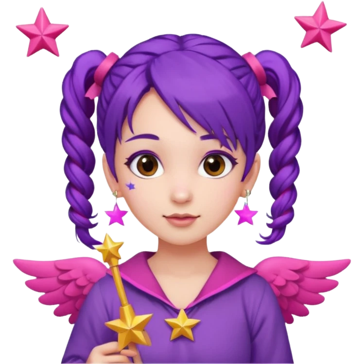 Create an emoji of a fairy-like woman with purple hair tied into two pigtails, red stars in her hair, wearing a pink outfit and pink wings. She is holding a pink star-shaped wand and wearing purple circular earrings. emoji