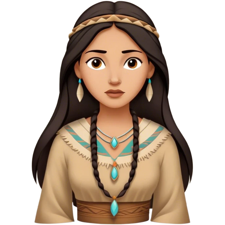Cinematic Timeless Pocahontas Portrait Emoji, rendered in a realistic, vector style. Depict Pocahontas with warm, glowing skin, naturally flowing dark hair, and a serene, gentle expression, wearing traditional garments in muted earth tones. The design features bold, clean proportions, a soft, inviting glow, and a subtle glowing outline that captures her enduring natural beauty. emoji