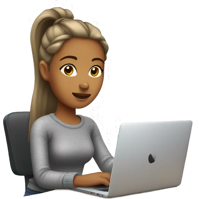 Woman with ponytail and gray sweater sitting at table with Apple laptop emoji