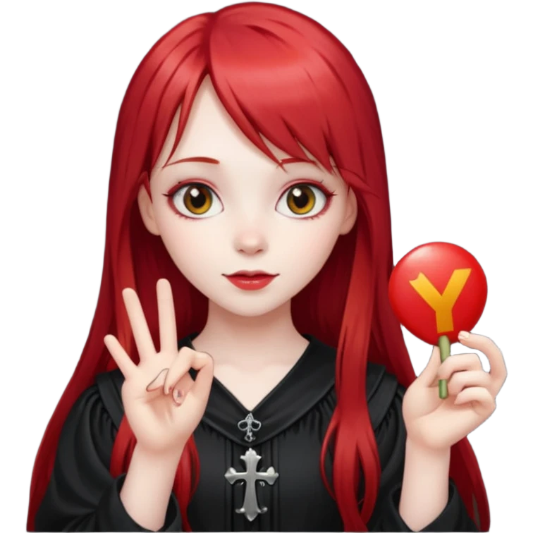 a gothic girl with long red hair and bangs holding a lucky sign emoji
