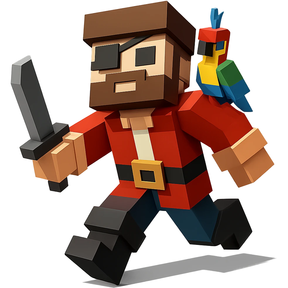 A pirate with an eye patch and a colorful parrot on shoulder, geometric minimalist 3D design emoji