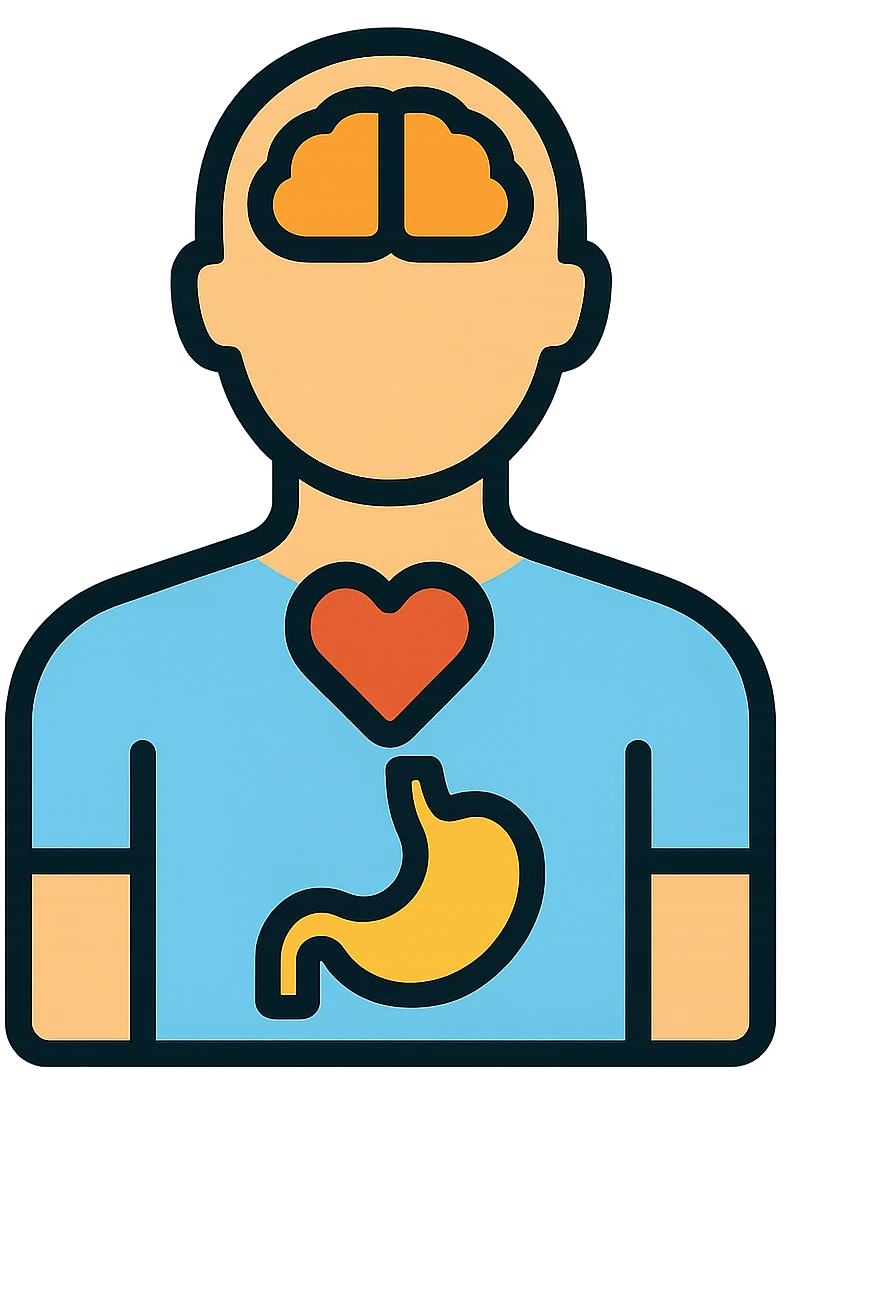 human silhouette with highlighted organs heart stomach head, clear outlines, strong shadows and highlights, psychosomatics and psychology theme, fun and not too complex emoji
