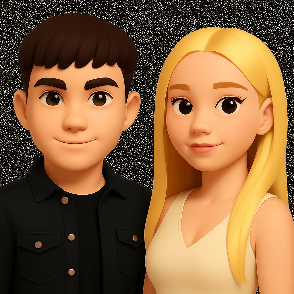 Slightly increase the volume of the upper body of the girl, separate the girl and the boy from each other, and make the skin color the same for both characters. Preserve the cartoonish 3D style in the edit. emoji
