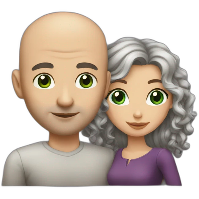 caucasian bald man with green eyes and a caucasian woman with long curly dark hair and brown eyes kissing emoji