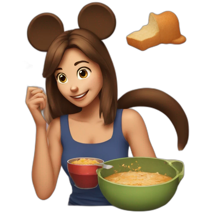 Woman medium brown half tail hair,eating A pot of spread,  with mickey mouse ears, near to a cat emoji