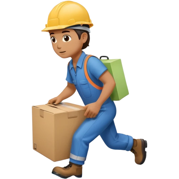 Animación educativa sobre un accidente laboral en un entorno industrial. Un trabajador de fábrica, con casco pero sin otros elementos de protección personal, resbala en un piso mojado y cae al suelo mientras transporta una caja. emoji