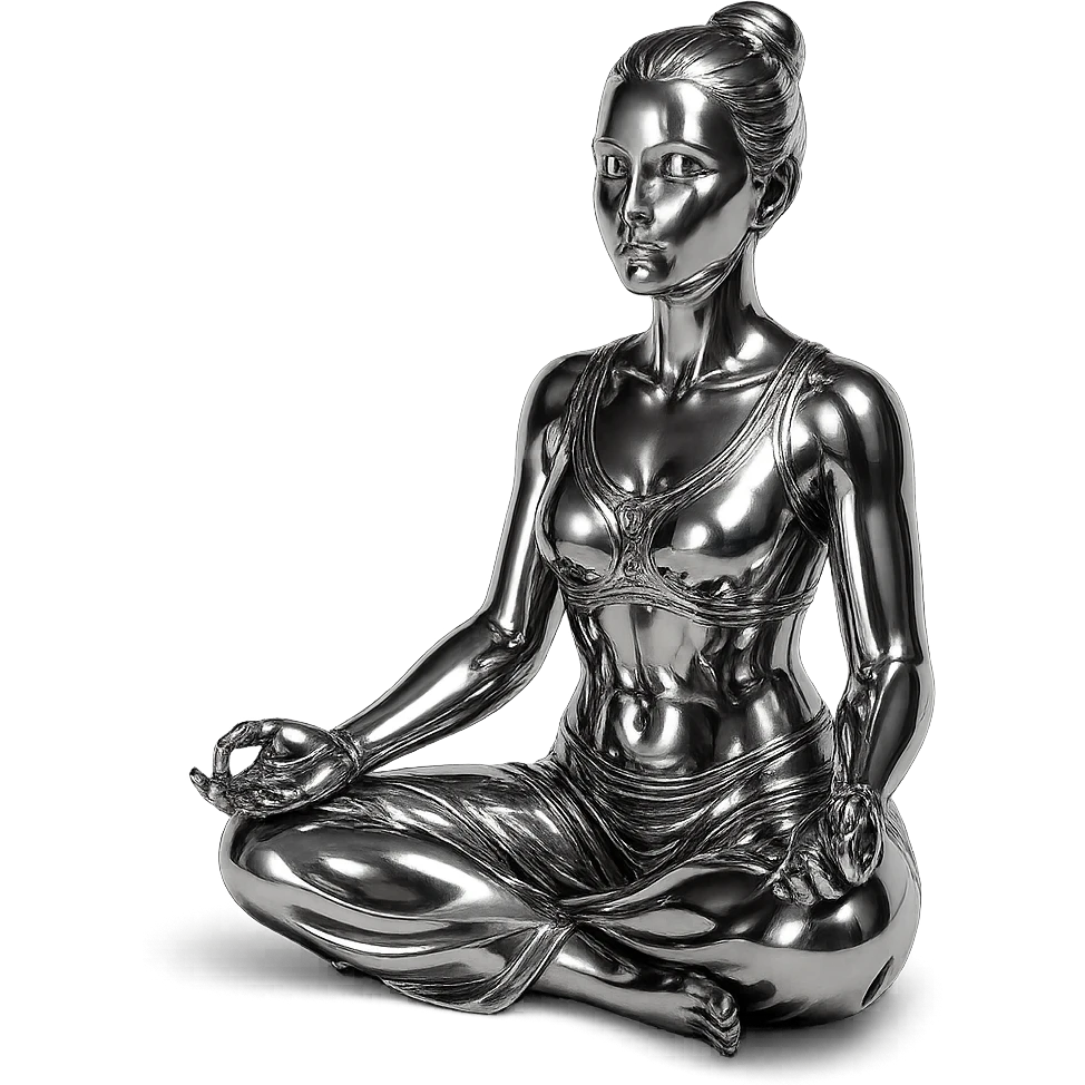 metallic chrome figure of a woman meditating in the lotus position, serene and peaceful emoji