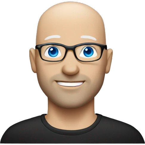 bald white man with blue eyes, stubble, glassses. black clothes emoji