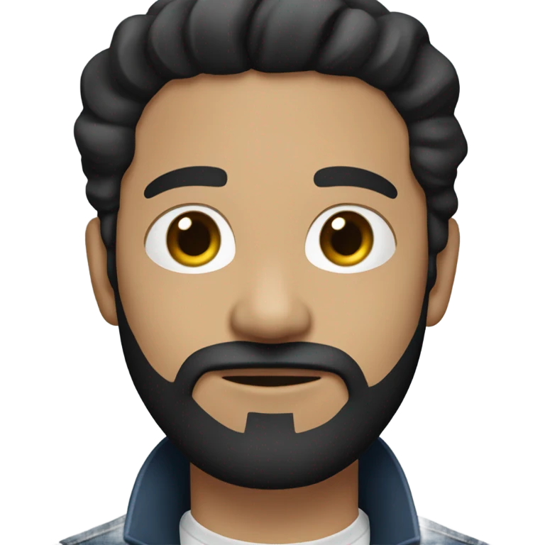 person with a black beard. Without mustache. No beard between nose and mouth. White skin tone. Nice black hair. Denim dark blue jacket emoji