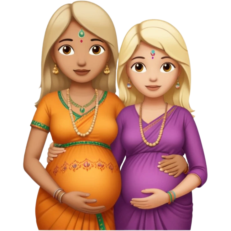pregnant Indian woman with bindi, peaceful look, holding hands with a blonde white partner emoji