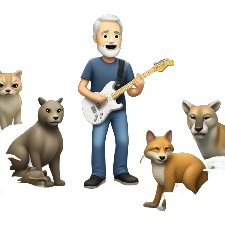 60 year old white man with a goatee playing electric guitar in a forest with animals watching emoji