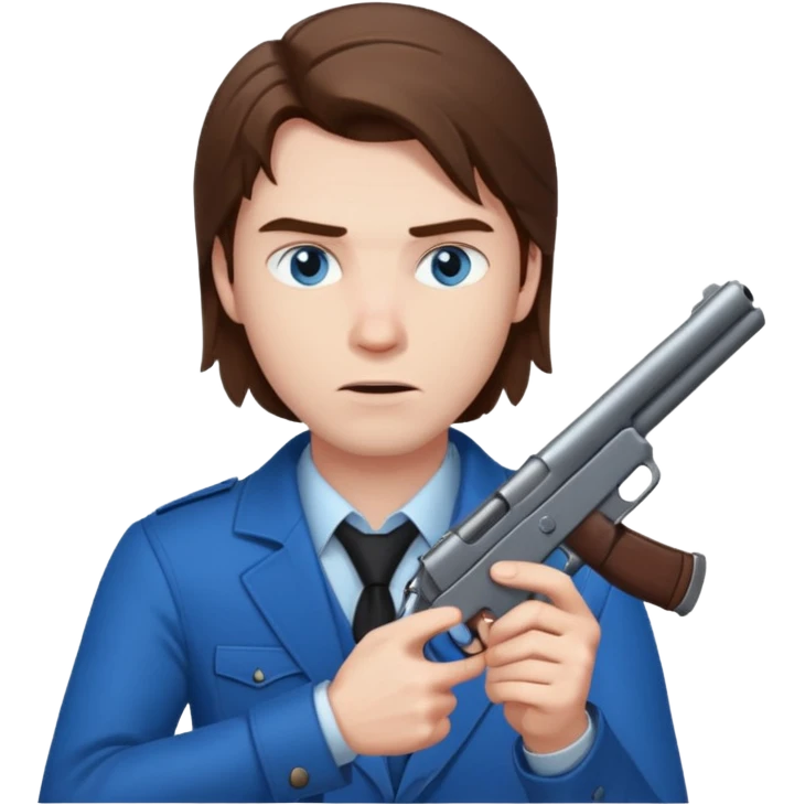 guy w medium long brown hair and blue eyes shooting himself emoji