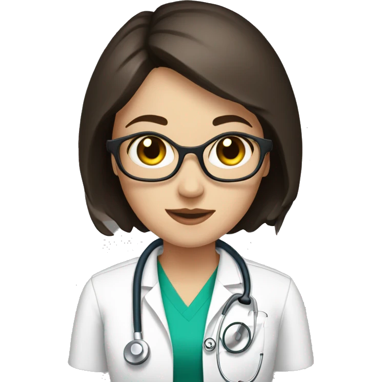 White girl with dark brown short hair with stethoscope emoji