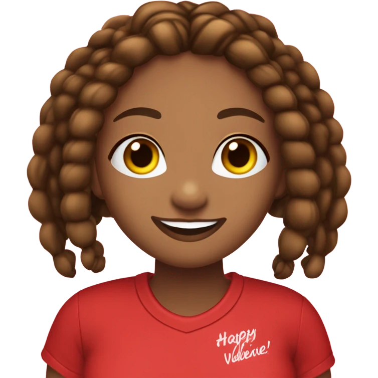 Light brown lady smiling, long dark brown African braids, bright red lips, eyelashes, wearing red “happy Valentine’s Day” t shirt emoji
