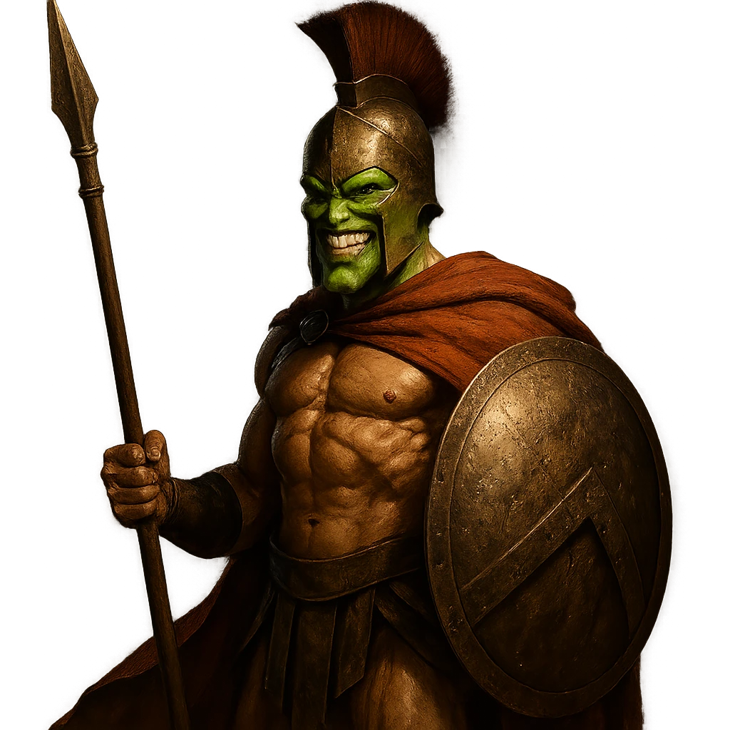 the Mask character holding a spear and shield, dressed as a Spartan from '300', dramatic lighting emoji