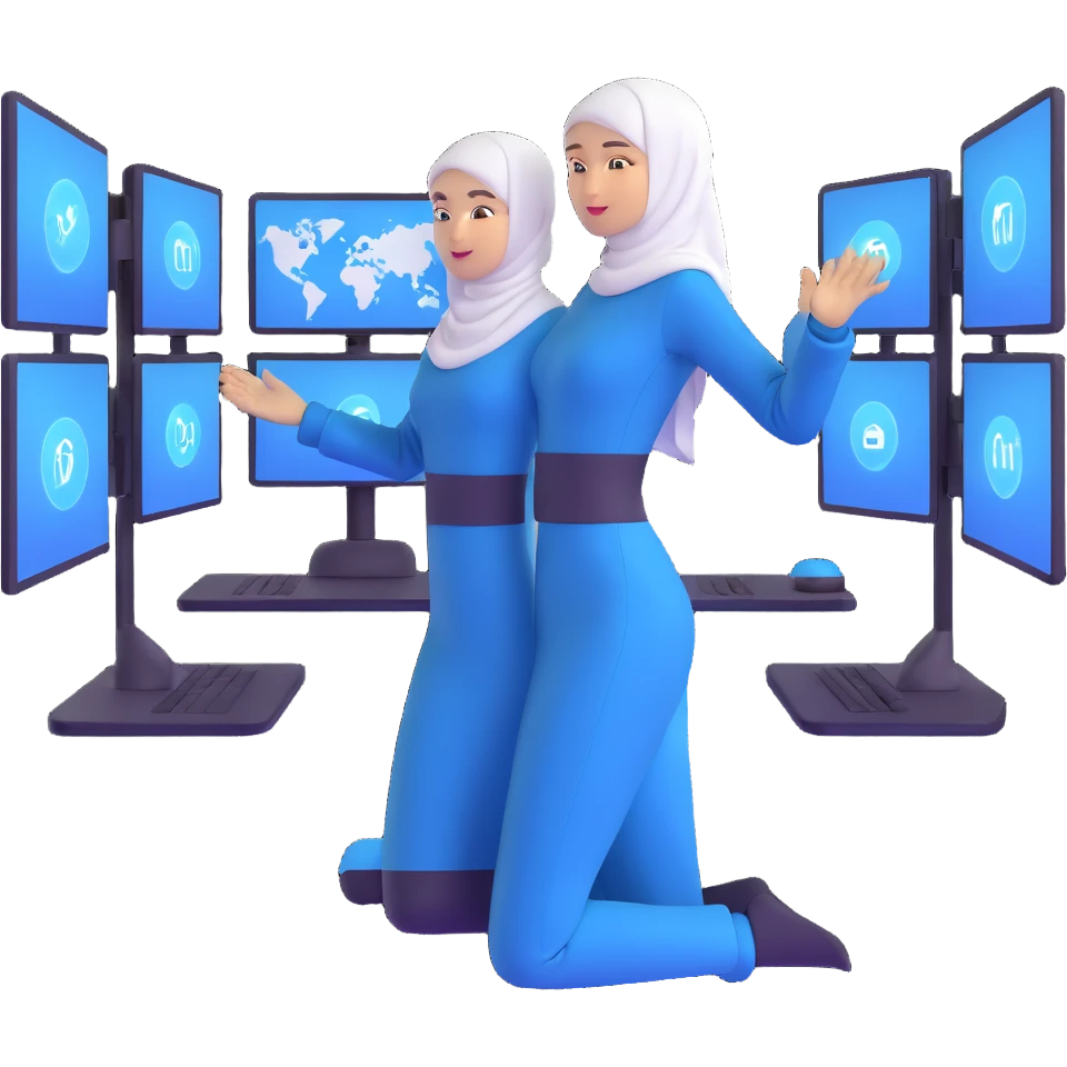 woman with white hijab in blue outfit working with multiple screens displaying digital world, virtual reality interfaces, metaverse elements, code visualization emoji