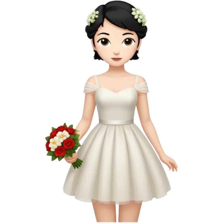 Chica blanca,cuerpo entero, vestido boda corto, pelo negro,   1 ramo de flores , pelo recogido emoji