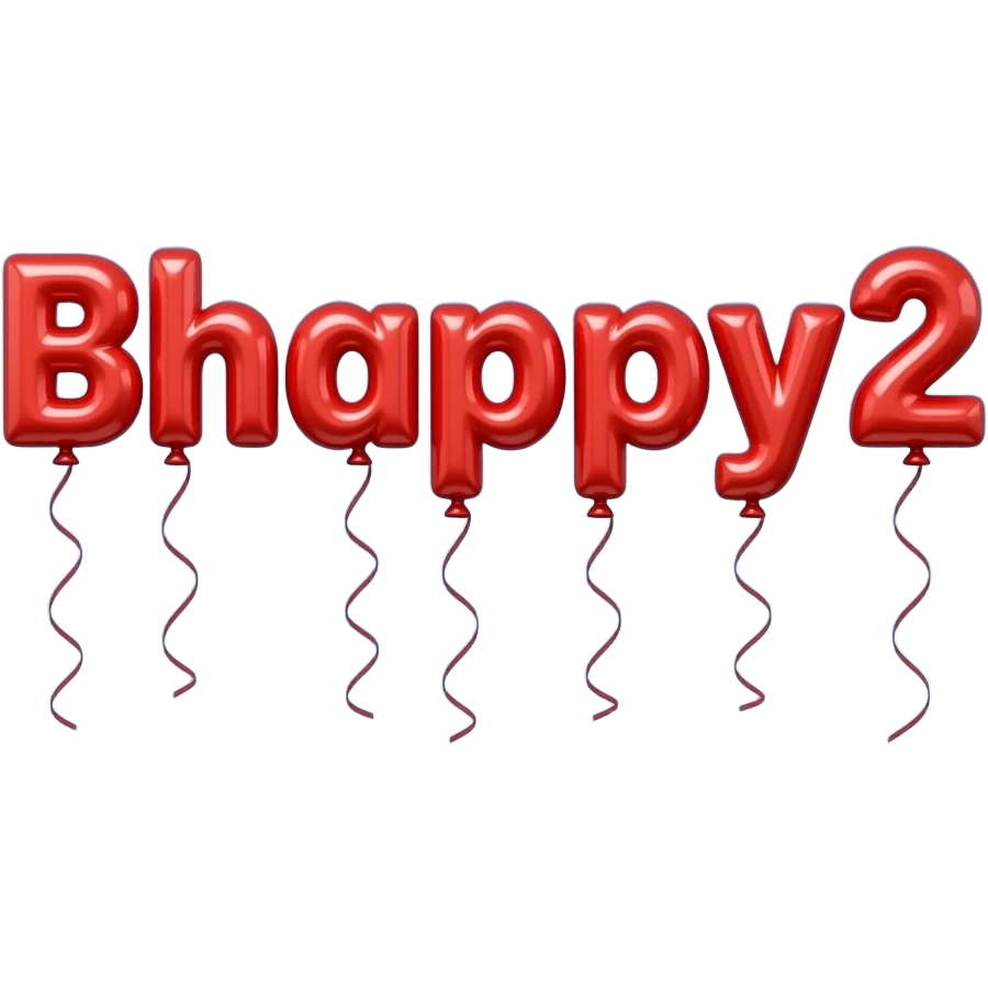 Red balloons that spell out Bhappy2 emoji