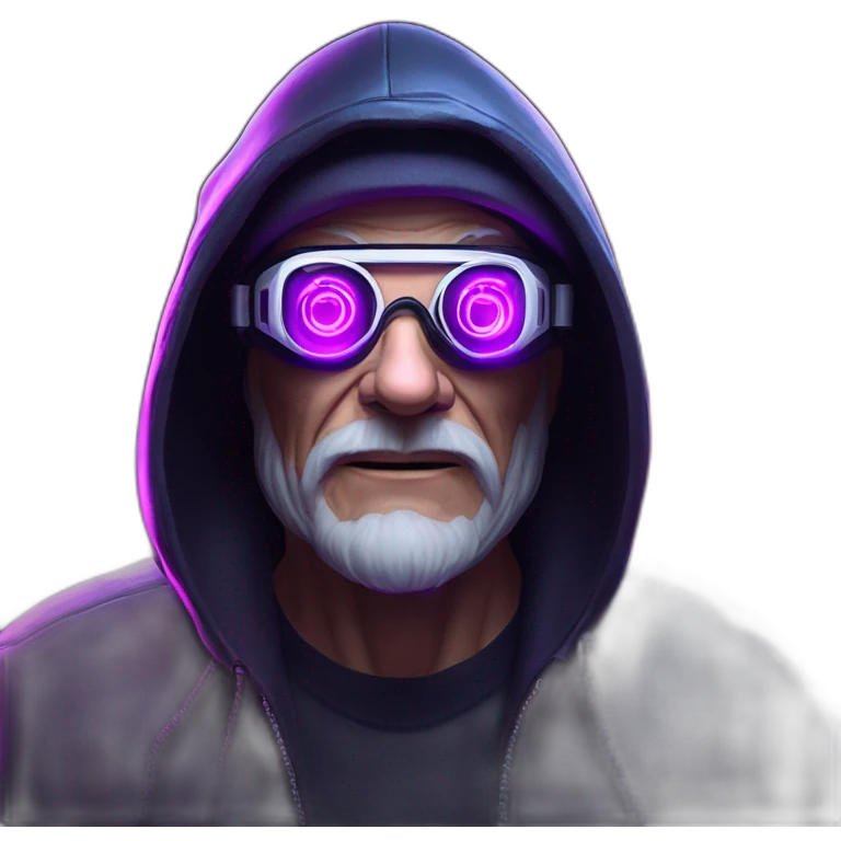 Russian old man wearing a black hoodie with "OMG" letters on it and VR headset in a cyberpunk VR environment with violet neon lighting. emoji